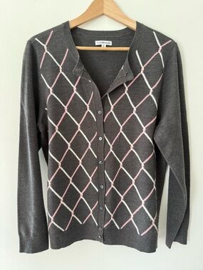 Croft & Barrow Gray Argyle Cardigan Sweater Pink Button-Up Sz M Academia 90s Y2K
